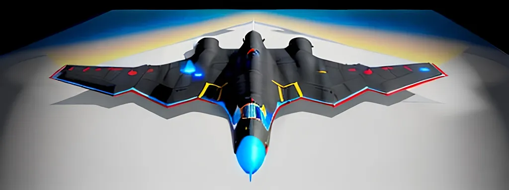 Prompt:  4d, CENTERED, vivid colors, very detailed, white and BLACK STEALTH BOMBER PLANE, bright black glowing star, high detail, RED AND BLUE ACCENTS, YELLOW background, BLUE SKY