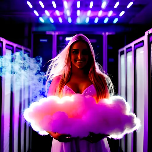 Prompt:  4d, vivid colors, very detailed, hot blonde babe in cloud data center, holding bright white glowing star, high detail, sharp