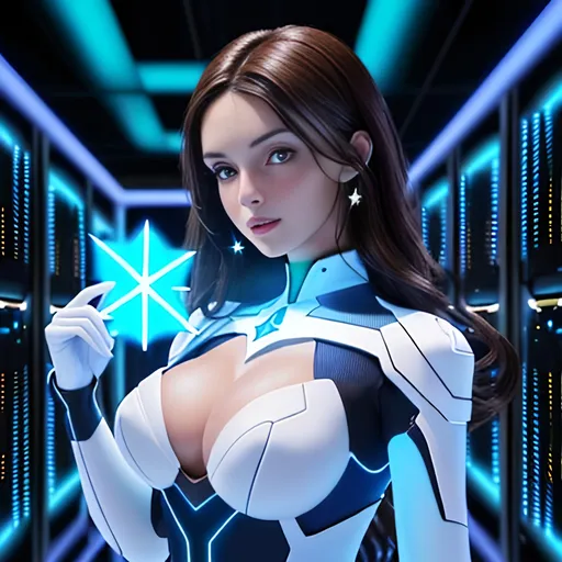 Prompt:  4d, vivid colors, very detailed, hot brunette lady in computer data center, holding bright white glowing star, high detail, sharp, blue background, physically based rendering, centered.