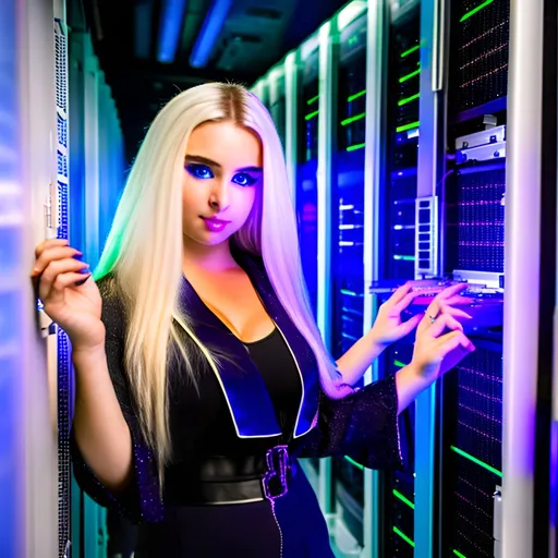 Prompt: dreamcore, futuristic, vibrant, very detailed, hot blonde babe protecting data center server, holding a star in her hand, high detail