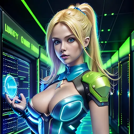 Prompt:  4d, vivid colors, very detailed, hot blonde hair gal babe in computer data center on harley, holding bright blue glowing star, high detail, sharp, green background, 