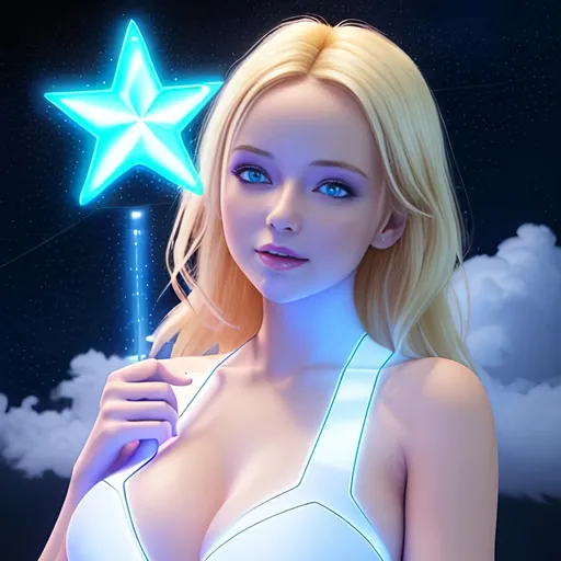 Prompt:  4d, vivid colors, very detailed, hot blonde babe in cloud data center, holding bright white glowing star, high detail, sharp, blue background, physically based rendering, centered.