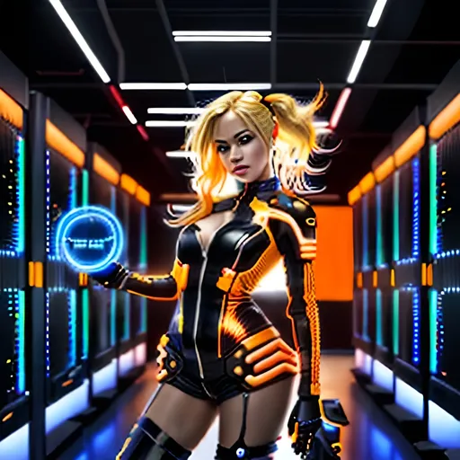 Prompt:  4d, vivid colors, very detailed, hot blonde hair gal babe in computer data center on harley, holding bright black glowing star, high detail, orange background, 