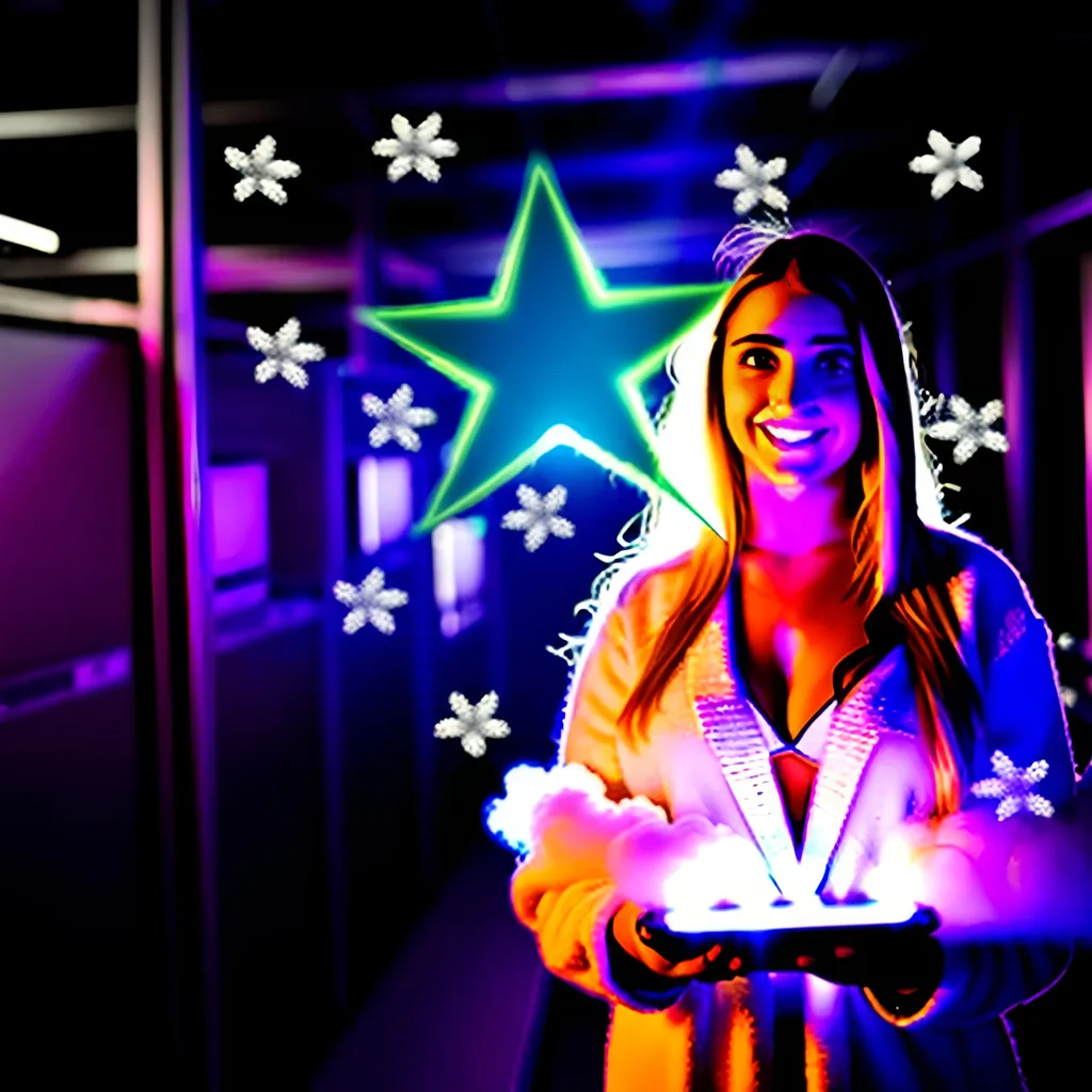 Prompt:  4d, vivid colors, very detailed, hot blonde babe in cloud data center, holding bright white glowing star, high detail, sharp