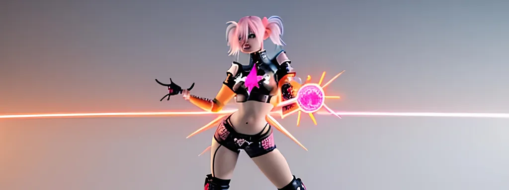 Prompt:  3d, vivid colors, very detailed, hot white and pink hair gal babe on harley, holding bright black glowing star, high detail, orange background, 