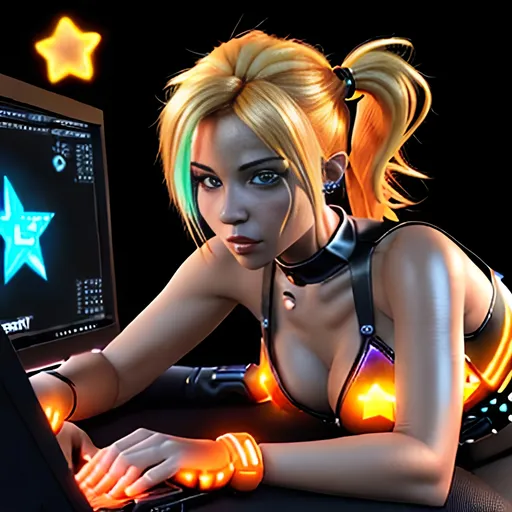 Prompt:  3d, vivid colors, very detailed, hot blonde hair gal babe on computer, on harley, holding bright black glowing star, high detail, orange background, 