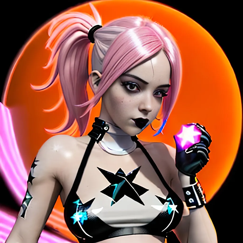 Prompt:  3d, vivid colors, very detailed, hot white and pink hair gal babe on harley, holding bright black glowing star, high detail, orange background, 