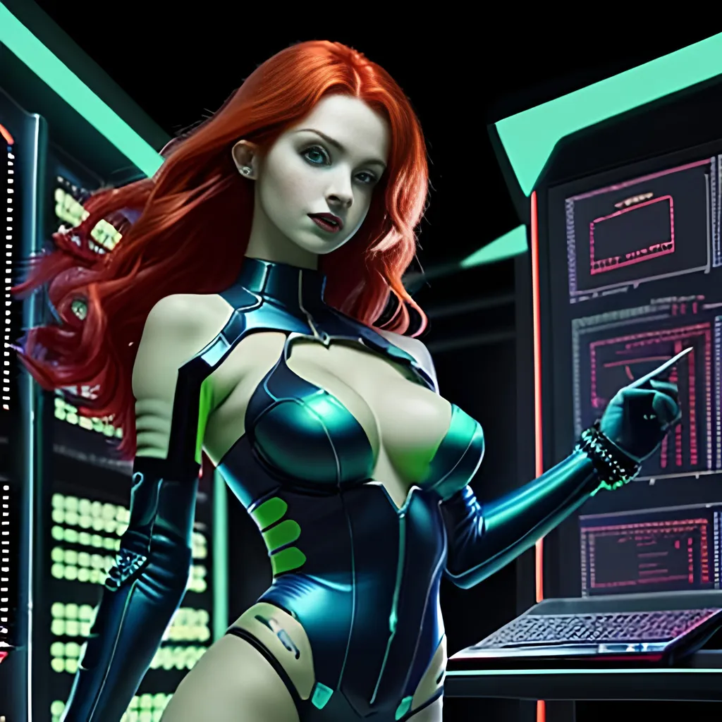 Prompt:  4d, vivid colors, very detailed, hot red hair gal babe in computer data center on harley, holding bright blue glowing star, high detail, sharp, green background, 