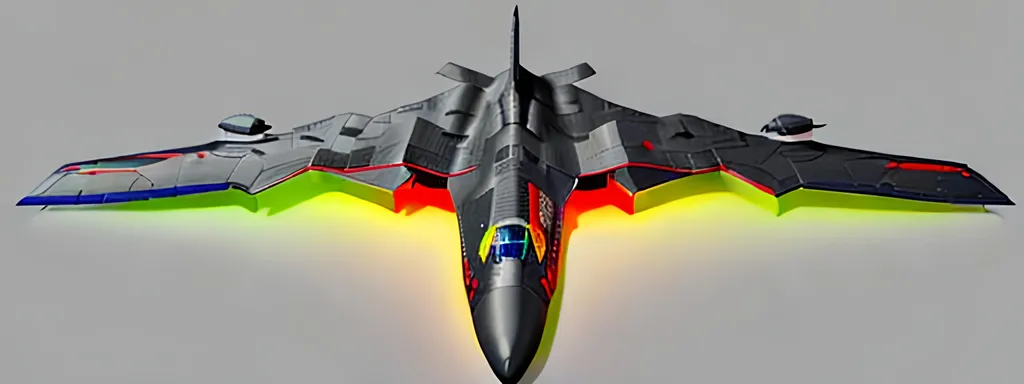 Prompt:  4d, CENTERED, vivid colors, very detailed, white and BLACK STEALTH BOMBER PLANE, bright black glowing star, high detail, RED AND BLUE ACCENTS, YELLOW background,