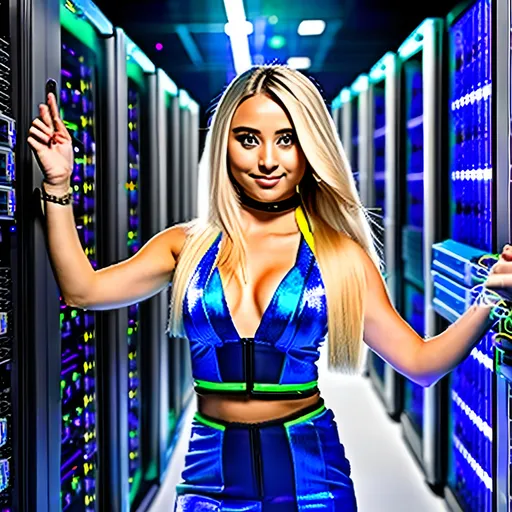 Prompt: futuristic, vibrant, very detailed, hot blonde babe protecting clous data center server, holding a star in her hand, high detail, sharp