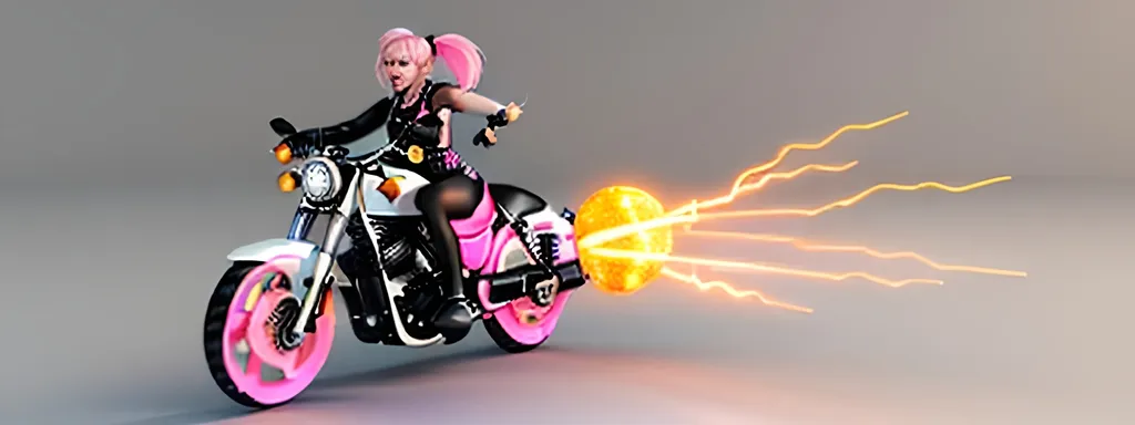 Prompt:  3d, vivid colors, very detailed, hot white and pink hair gal babe on harley, holding bright black glowing star, high detail, orange background, 