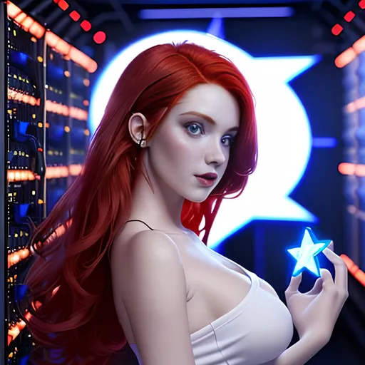 Prompt:  4d, vivid colors, very detailed, hot red hair gal babe in computer data center, holding bright white glowing star, high detail, sharp, blue background, physically based rendering, centered.