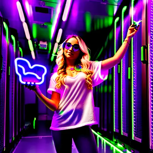 Prompt:  4d, vivid colors, very detailed, hot blonde babe in cloud data center, holding neon star, high detail, sharp