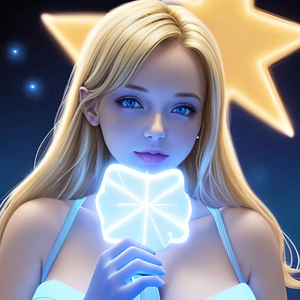 Prompt:  4d, vivid colors, very detailed, hot blonde babe in cloud data center, holding bright white glowing star, high detail, sharp, blue background, physically based rendering, centered.