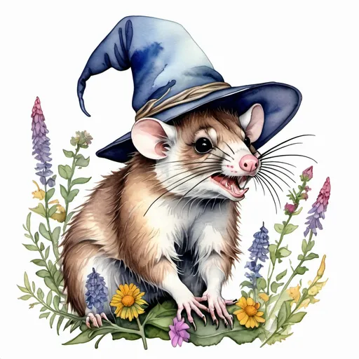 Prompt: wizard hat possum hissing realistic watercolor line drawing with wildflowers 