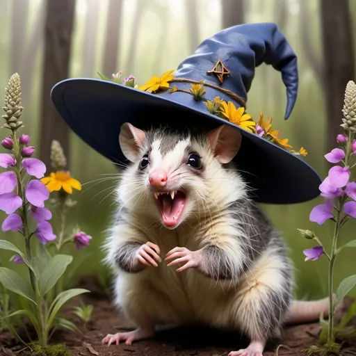 Prompt: wizard hat possum hissing realistic but cute with wildflowers 