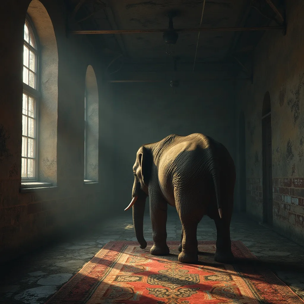 Prompt: a room that once had elephants in it, there are no elephants now, ps2 graphics, there is evidence of elephants previously in the room, thank you