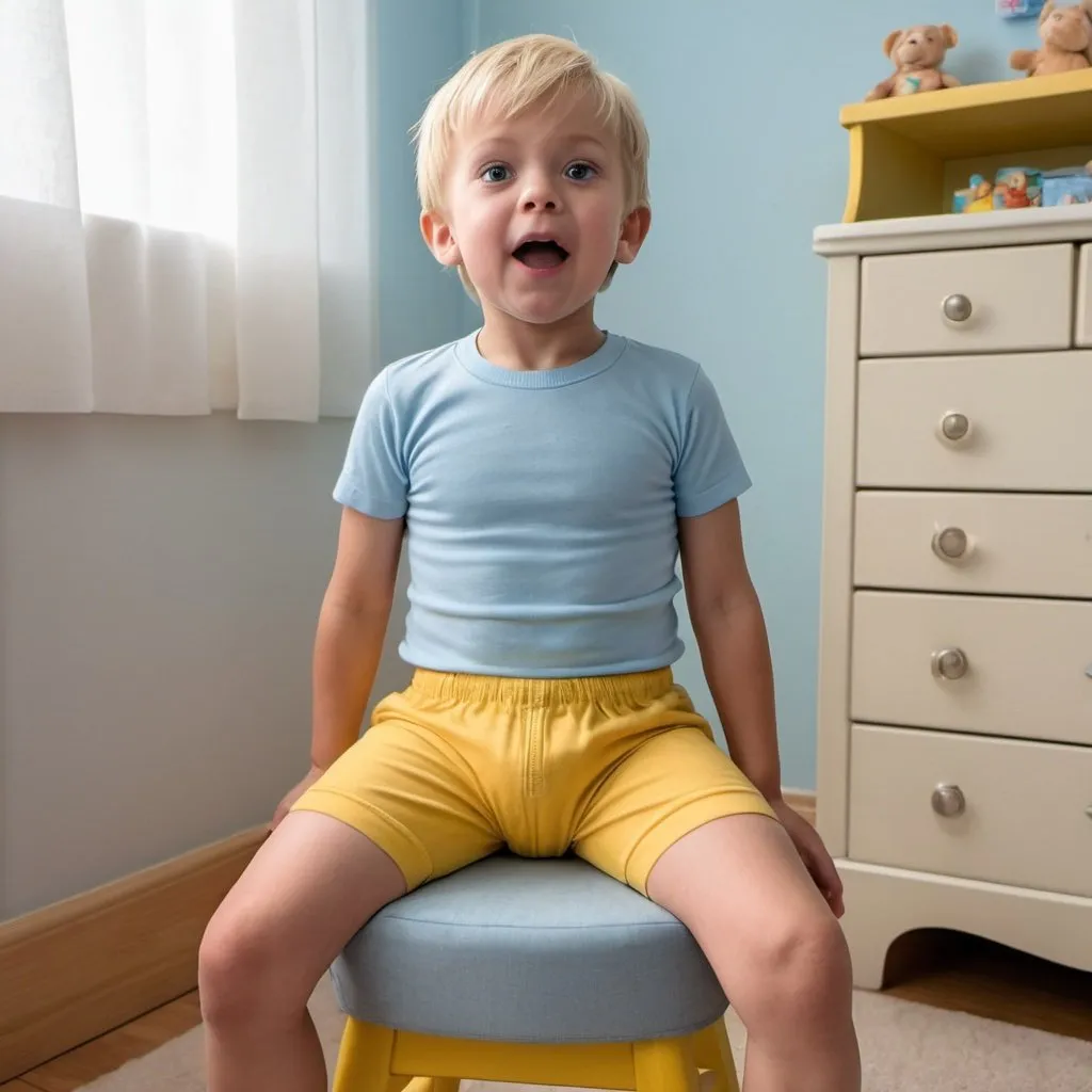 Prompt: A frontal view of an 8-year-old blond boy in very thick bulging diapers, dressed in an exceptionally short, tight light blue T-shirt and tight yellow stretchy extremely short pants with an elastic waist and no zipper or fly, sitting on a stool in his nursery, with legs spread wide open, looking up in wonder.