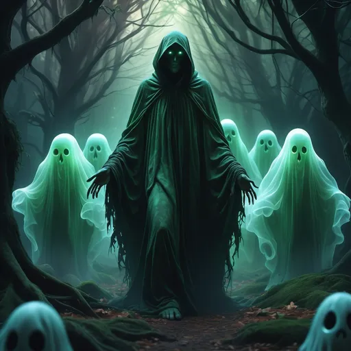 Prompt: (terrifying humanoid creature), cloaked figure, surrounded by translucent ghosts, (fantasy setting), deep mysterious forest, eerie ambiance, dynamic shadows, vivid colors, captivating detail, (artistic colored drawing), enchanting yet haunting vibe, intricate textures in foliage, soft diffused lighting, dark greens and ethereal hues, (4K ultra-detailed)