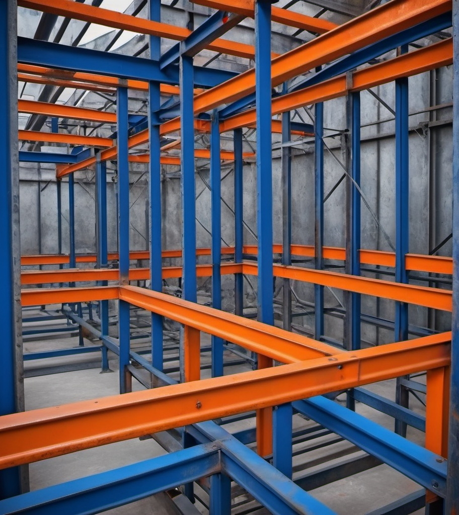 Prompt: Metal structure design with orange and blue for steel  background. Real


