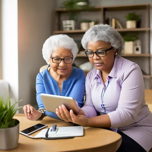 Prompt: a more realistic hi-resolution photo of a caregiver helping a senior person with technology