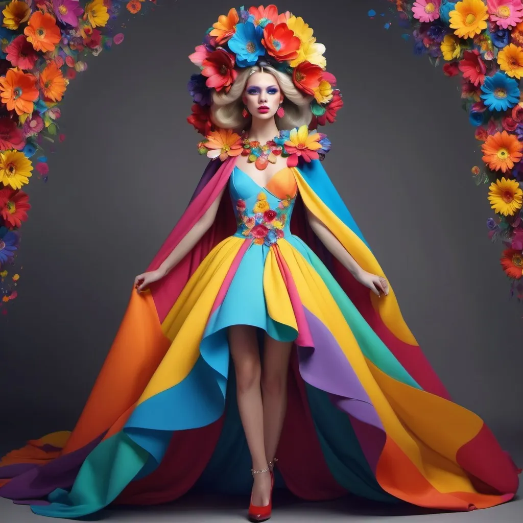 Prompt: Full body cloak   beautiful princess   colorful dress   colorful flower headpiece   colorful bold face art   big colorful necklace   colorful high heels