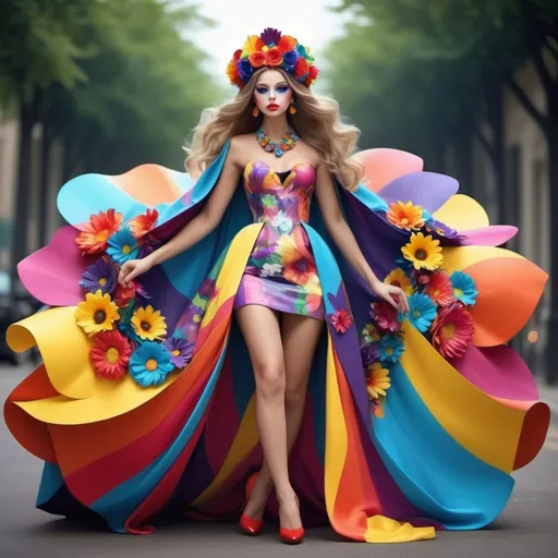 Prompt: Full body cloak   beautiful princess   colorful dress   colorful flower headpiece   colorful bold face art   big colorful necklace   colorful high heels