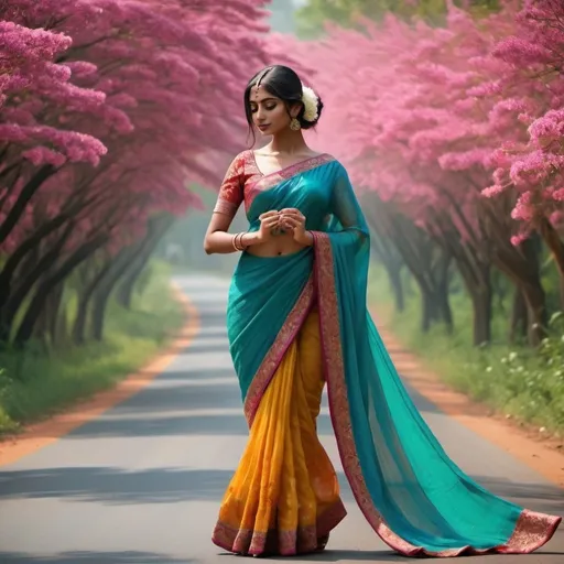 Prompt: Create a Indian Hot Girl, Wearing Saree on a Road with full of flowers and trees. Looking at a beautiful Dancing Peacock.