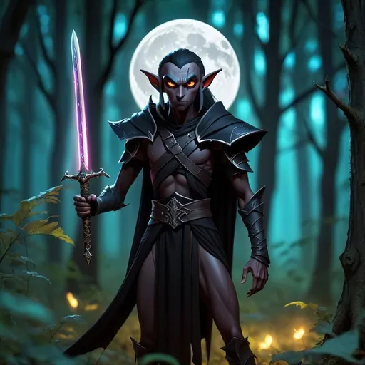 Prompt: A dark elf in black garb with glowing eyes holding a sword  standing in a clearing in the Forrest . It's night time and the full moons like can be seen streaming through the trees 