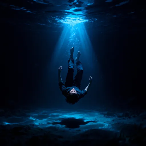 Prompt: A lone person sinking underwater, illuminated by faint blue light from above, dark and moody atmosphere, cinematic composition, concept art style, high contrast, emotional tone.
