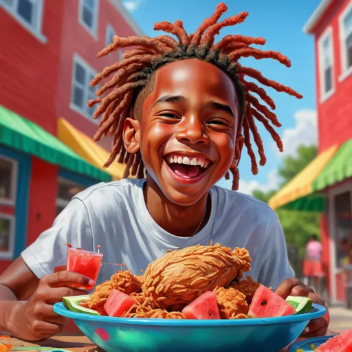 Prompt: Realistic digital painting of a joyful African American boy with dreads, enjoying fried chicken, watermelon, and Kool-Aid, vibrant and lively colors, detailed facial expression, high-quality, realistic, digital painting, vibrant colors, joyful atmosphere, detailed features, happy expression, delicious food, traditional American cuisine, summery vibes