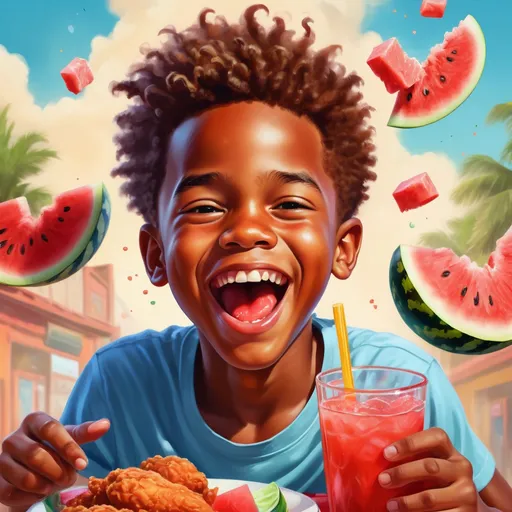 Prompt: Realistic digital painting of a joyful African American boy, enjoying fried chicken, watermelon, and Kool-Aid, vibrant and lively colors, detailed facial expression, high-quality, realistic, digital painting, vibrant colors, joyful atmosphere, detailed features, happy expression, delicious food, traditional American cuisine, summery vibes