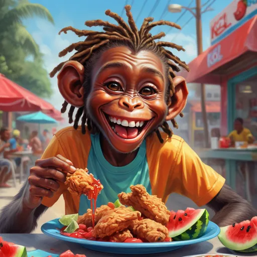 Prompt: Realistic digital painting of a joyful African American monkey boy with dreads, enjoying fried chicken, watermelon, and Kool-Aid, vibrant and lively colors, detailed facial expression, high-quality, realistic, digital painting, vibrant colors, joyful atmosphere, detailed features, very happy expression that breaks reality, delicious food, traditional American cuisine, Godly vibes