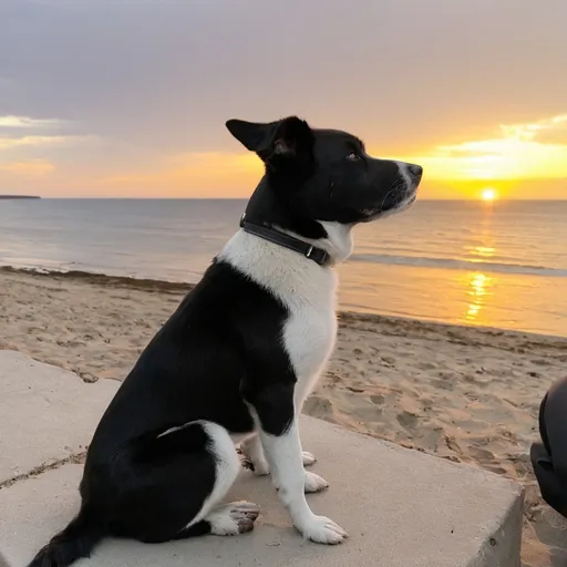 Prompt: A black at and white dog sitting together watching the sunset at the beach