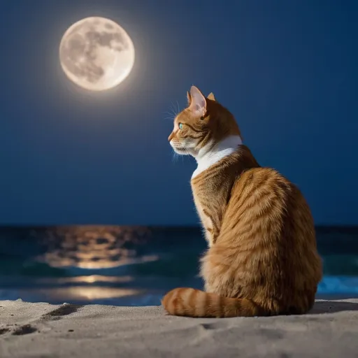 Prompt: A cat sitting at the beach staring at the moon