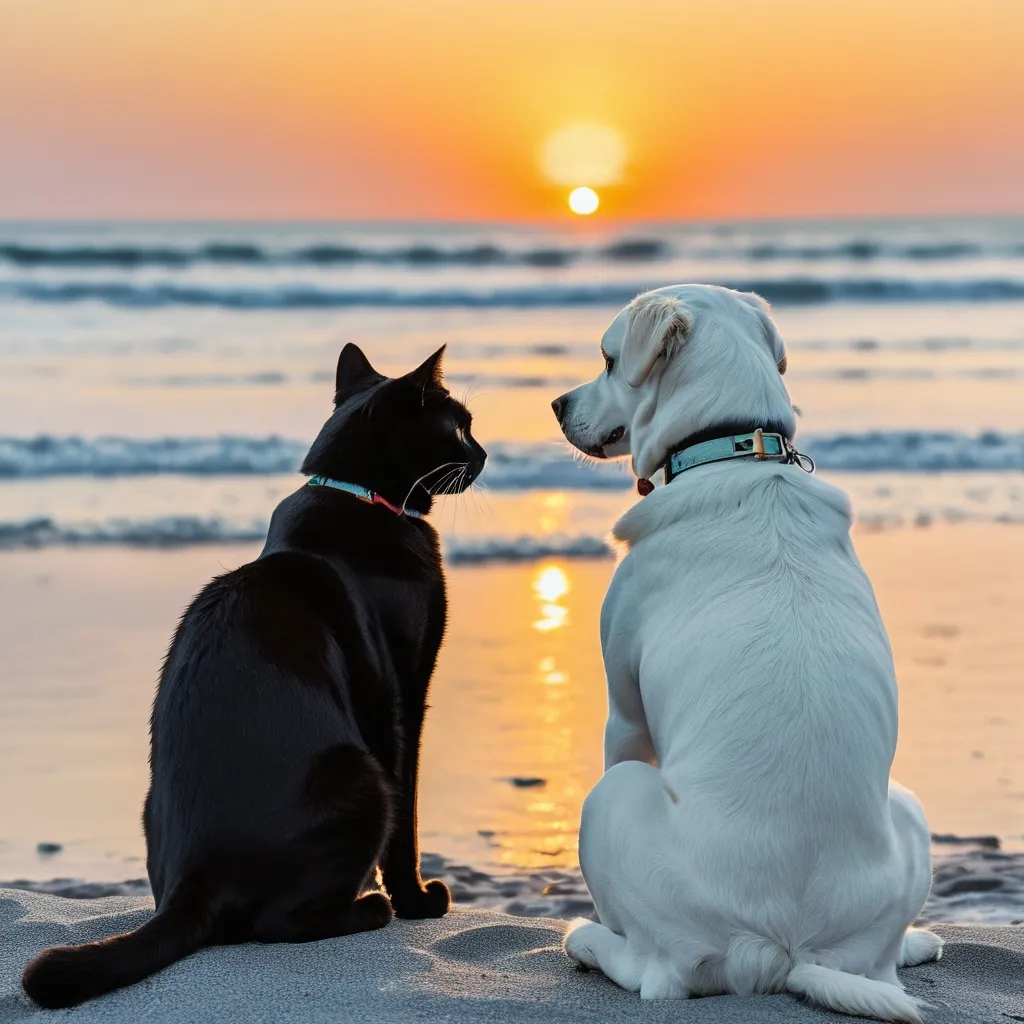 Prompt: A black cat and white dog sitting together watching the sunset at the beach