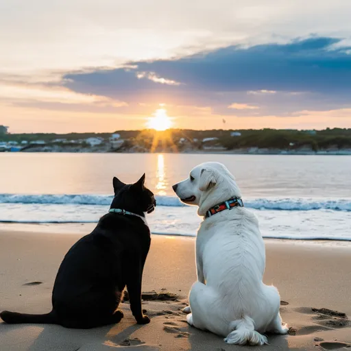 Prompt: A black cat and white dog sitting together watching the sunset at the beach