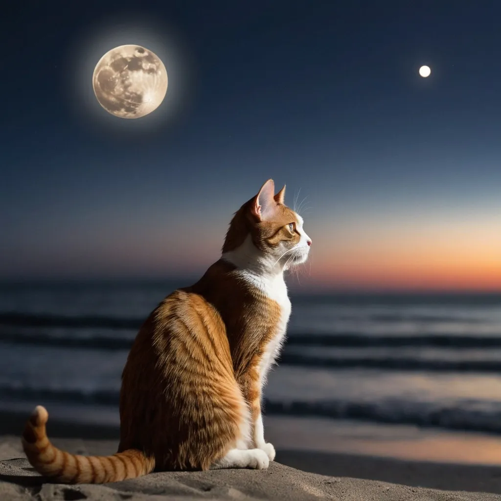 Prompt: A cat sitting at the beach staring at the moon