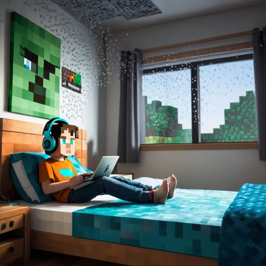 Prompt: A boy in his room on his bed with headphones on playing Minecraft, while it’s raining outside 
