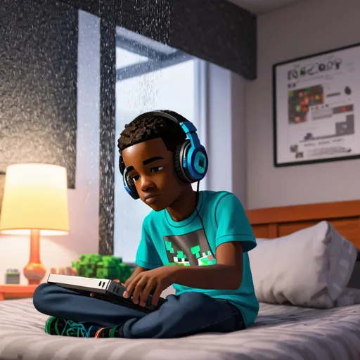 Prompt: A black boy in his room on his bed with headphones on playing Minecraft, while it’s raining outside 
