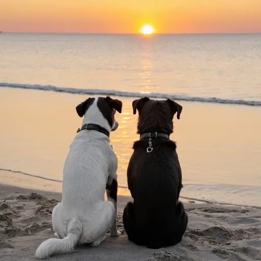 Prompt: A black at and white dog sitting together watching the sunset at the beach