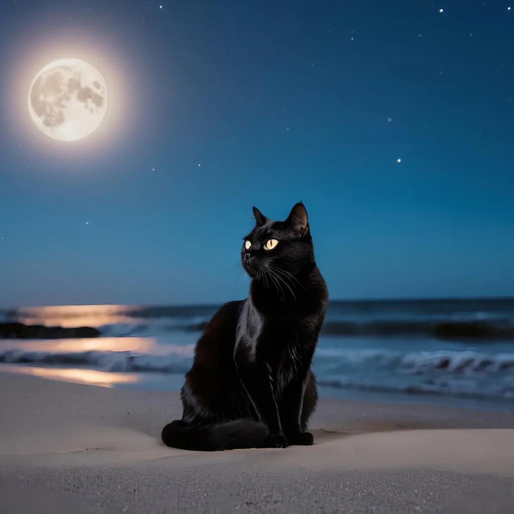 Prompt: A black cat sitting at the beach staring at the moon