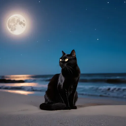 Prompt: A black cat sitting at the beach staring at the moon