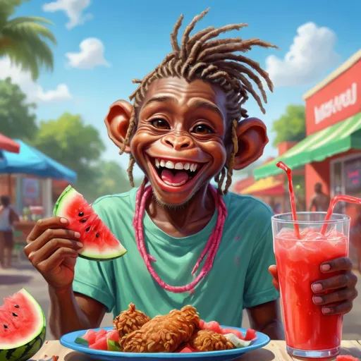 Prompt: Realistic digital painting of a joyful African American monkey boy with dreads, enjoying fried chicken, watermelon, and Kool-Aid, vibrant and lively colors, detailed facial expression, high-quality, realistic, digital painting, vibrant colors, joyful atmosphere, detailed features, happy expression, delicious food, traditional American cuisine, summery vibes