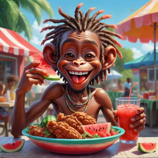 Prompt: Realistic digital painting of a joyful African American monkey boy with dreads, enjoying fried chicken, watermelon, and Kool-Aid, vibrant and lively colors, detailed facial expression, high-quality, realistic, digital painting, vibrant colors, joyful atmosphere, detailed features, very happy expression that breaks reality, delicious food, traditional American cuisine, summery vibes