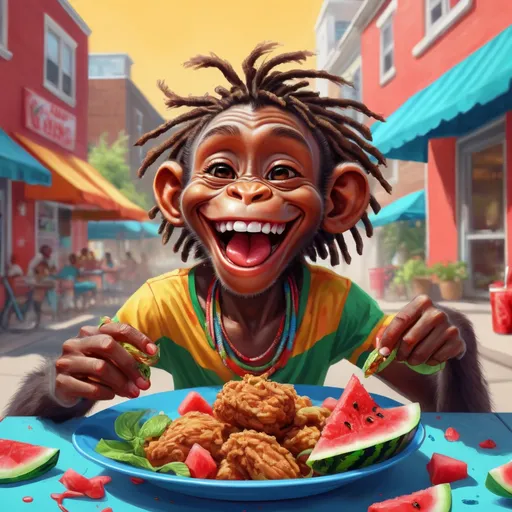 Prompt: Realistic digital painting of a joyful African American monkey boy with dreads, enjoying fried chicken, watermelon, and Kool-Aid, vibrant and lively colors, detailed facial expression, high-quality, realistic, digital painting, vibrant colors, joyful atmosphere, detailed features, happy expression, delicious food, traditional American cuisine, summery vibes