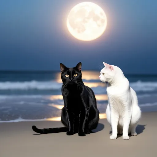Prompt: A black cat and a white catsitting at the beach staring at the moon