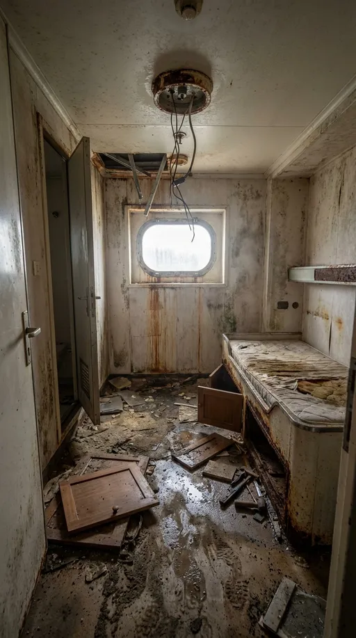 Prompt: SCENE LOCK: static tripod shot from cabin doorway, eye-level 1.6m height, 28mm wide lens, straight-on view into cruise ship interior room, fixed landmarks include oval porthole window centered on far wall, built-in bed frame on right, bathroom door on left, ceiling light fixture in center, same framing and geometry locked, overcast daylight entering through porthole
STAGE: heavily damaged and abandoned cruise ship cabin, peeling walls, mold stains, rust streaks under porthole, torn mattress, debris scattered across floor, exposed wiring hanging from ceiling
DETAILS: dust layers, water damage marks, footprints in grime, broken cabinet doors, corroded metal edges, damp floor reflections, scattered tools left behind, subtle foggy air
NEGATIVE: no text, logos, or watermarks, no warped geometry, no new windows or doors, no floating objects, no impossible reflections, no teleporting changes