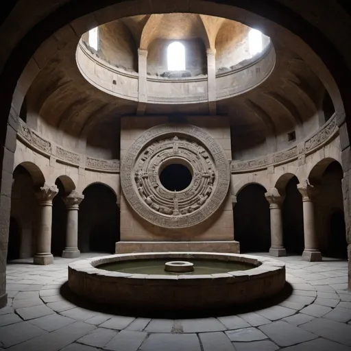 Prompt: It is a huge chamber, shaped like a giant circle. The ceiling arched more than fifty feet above his head. In the center of the circle was a massive stone altar, a long, smooth slab of onyx, apparently made of the same material as the door he had just passed through. Above the altar stood a giant stone statue depicting a horrible-looking demonic figure, with enormous horns and huge, curved fangs. It rose almost six meters above the ground. Its enormous paws, adorned with formidable claws, seemed to hold the enormous black slab on both sides. The altar was surrounded by a series of concentric circles. First there was a circle of sand. Giant braziers with burning torches formed the second circle. Finally, the entire area was surrounded by a narrow moat, filled with clear water. An ornate spout on the wall appeared to be the source of the water, but it was unclear where it emptied. Just across the entrance passage, a series of stones placed in the water formed a stepped bridge to the circle in the center. Mirroring the concentric circles leading away from the altar were circles on the ceiling. The ceiling was molded in such a way that it seemed to radiate from a central point that looked like an oval eye. The eye that is located directly on the stone slab of the altar, not on the statue.