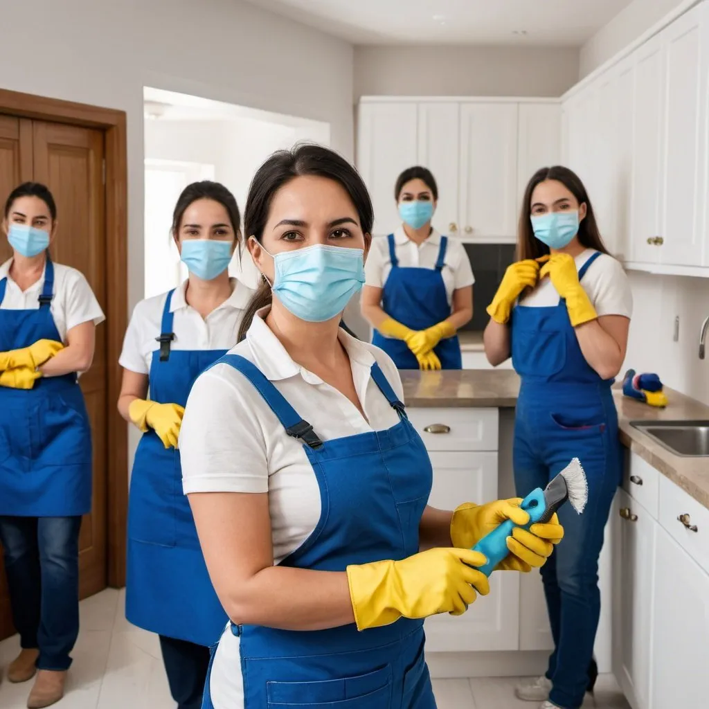Prompt: A blue collar worker that is clean and sophisticated and enjoying their work and look reliable and everyone is happy with their services. Handywoman working with mask and gloves in someone's home, with six women  in one frame working different roles like plumbing, cleaning, fixing the house and other skilled labour around the house.


